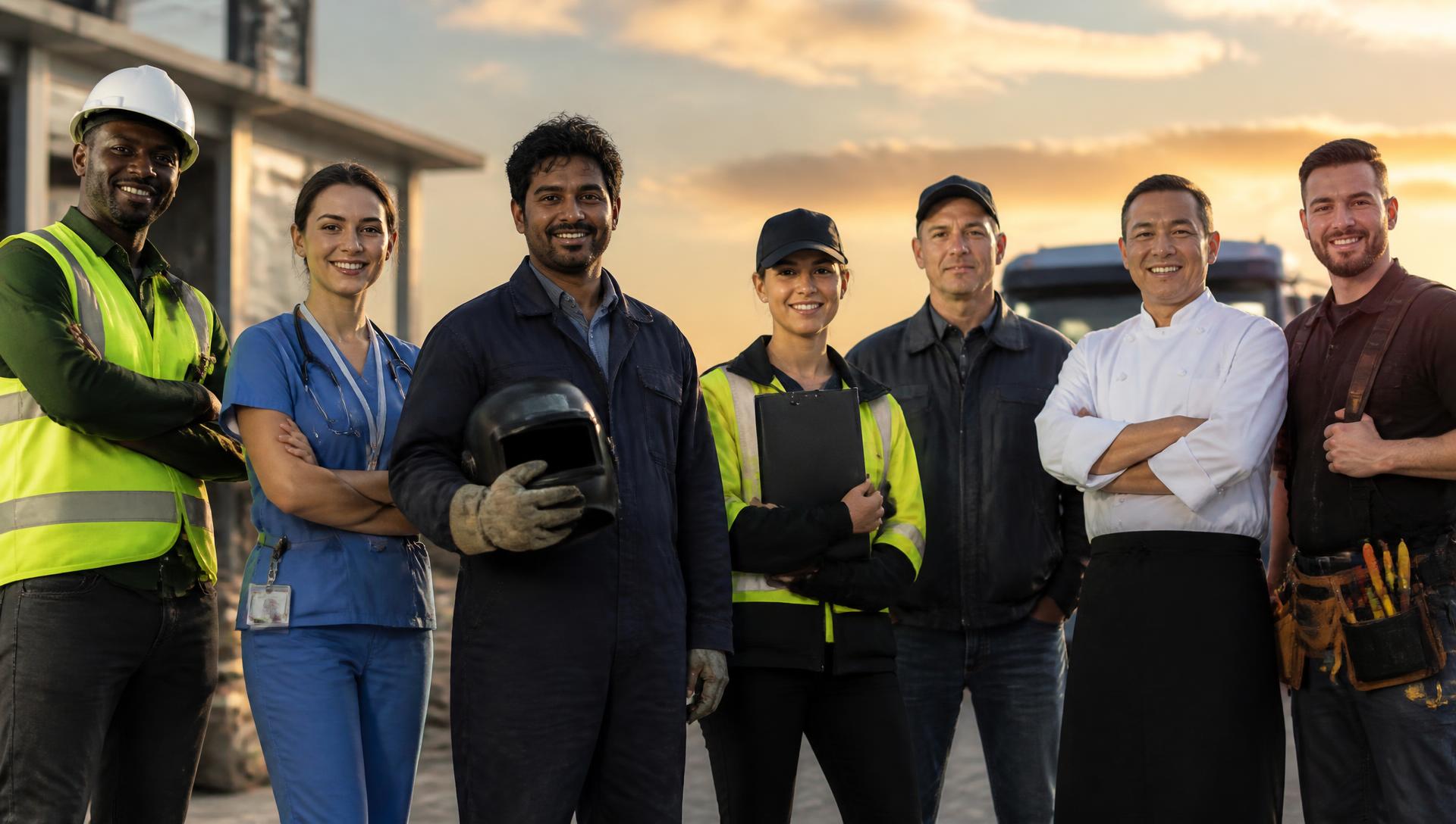 Groupe de travailleurs de métiers variés accompagnés par PNS Intérim : ouvrier du bâtiment, infirmière, soudeur, logisticienne, chauffeur, cuisinier et électricien