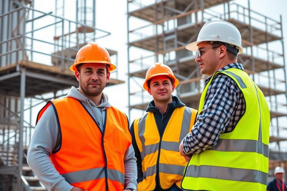 Ouvriers du bâtiment en gilet haute visibilité et casque sur un chantier