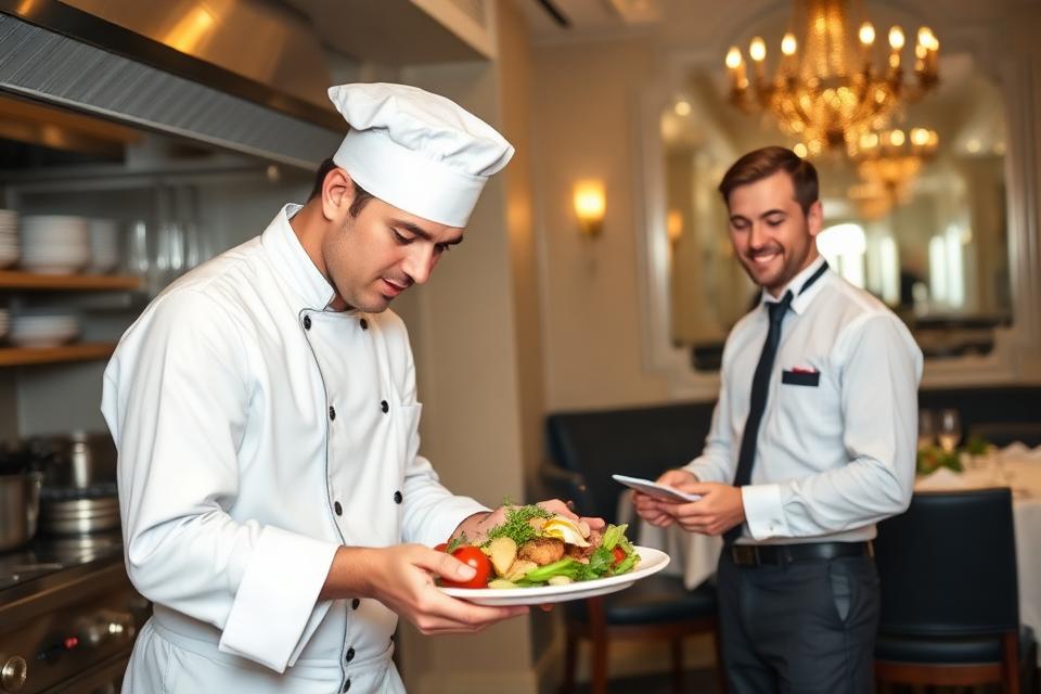 Cuisinier dressant une assiette et serveur en salle de restaurant